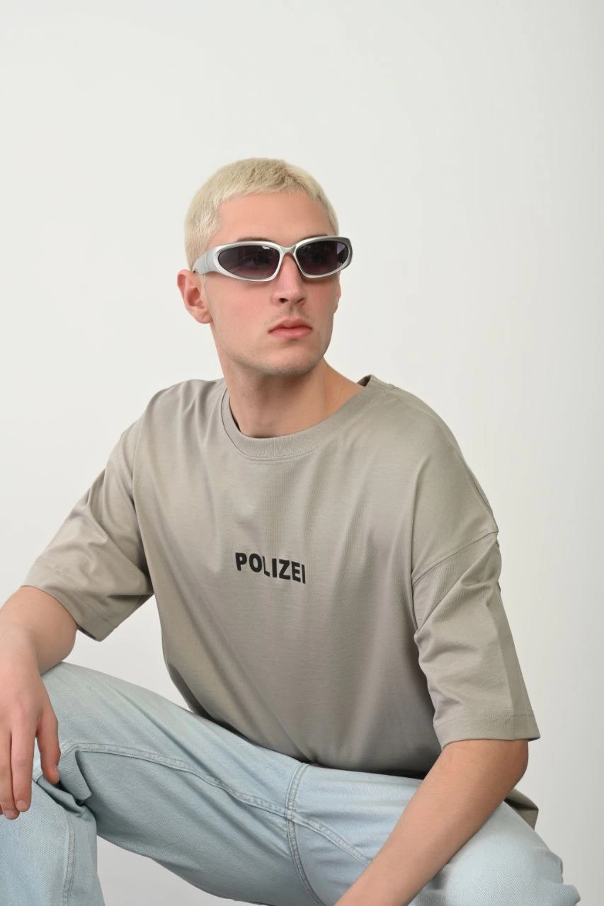ASSEMA Erkek Baskılı T-Shirt Kısa Kol Bisiklet Yaka Rahat Kalıp Tişört - Boyalı Gri