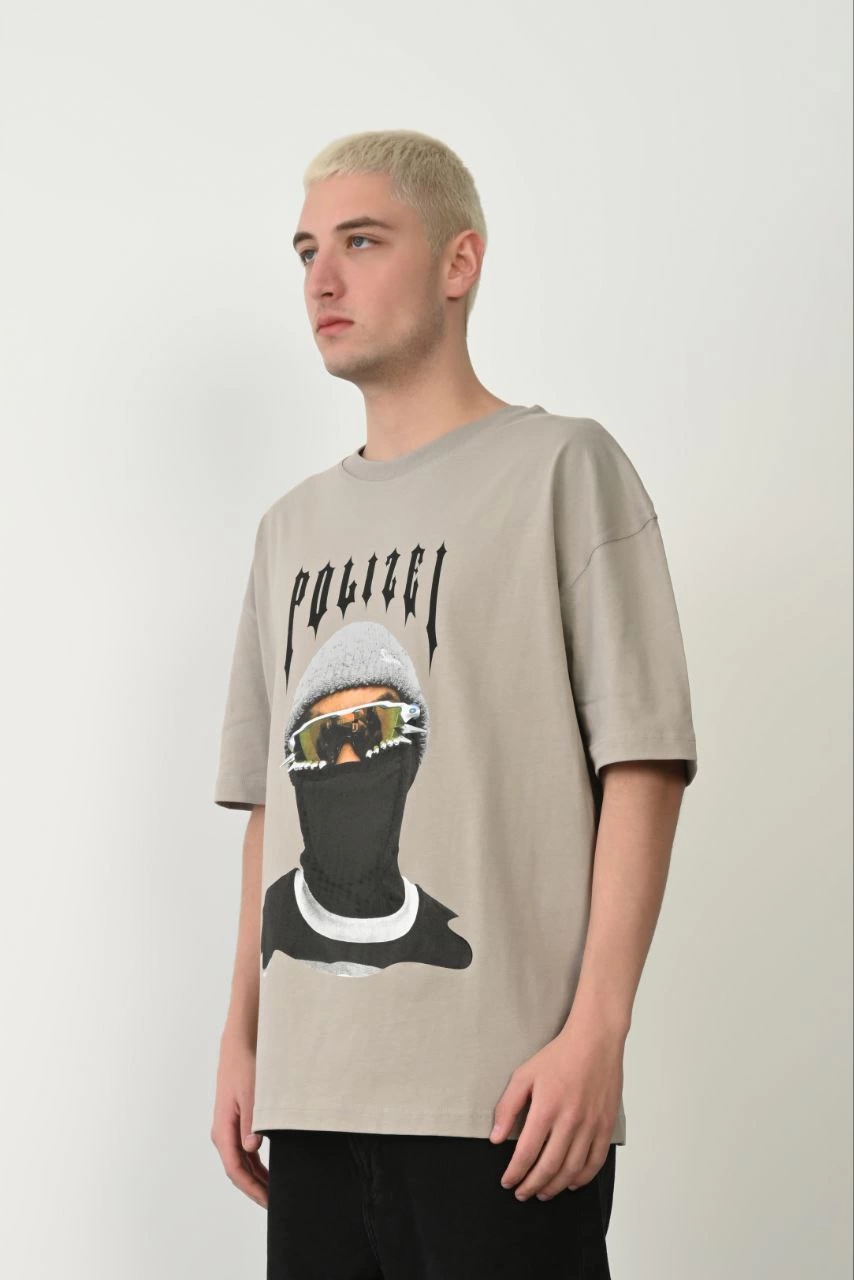 ASSEMA Erkek Baskılı T-Shirt Kısa Kol Bisiklet Yaka Rahat Kalıp Tişört - Boyalı Gri