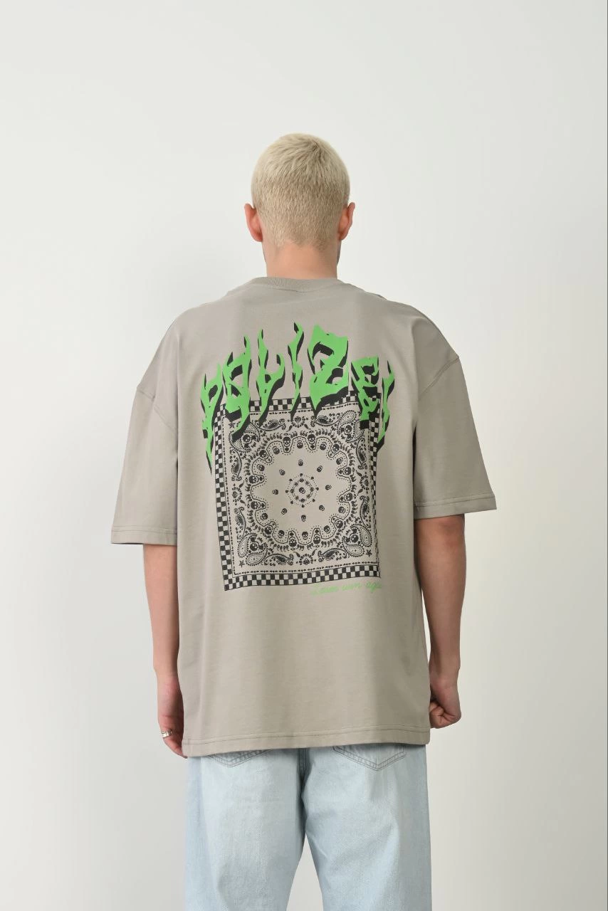 ASSEMA Erkek Baskılı T-Shirt Kısa Kol Bisiklet Yaka Rahat Kalıp Tişört  - Boyalı Gri