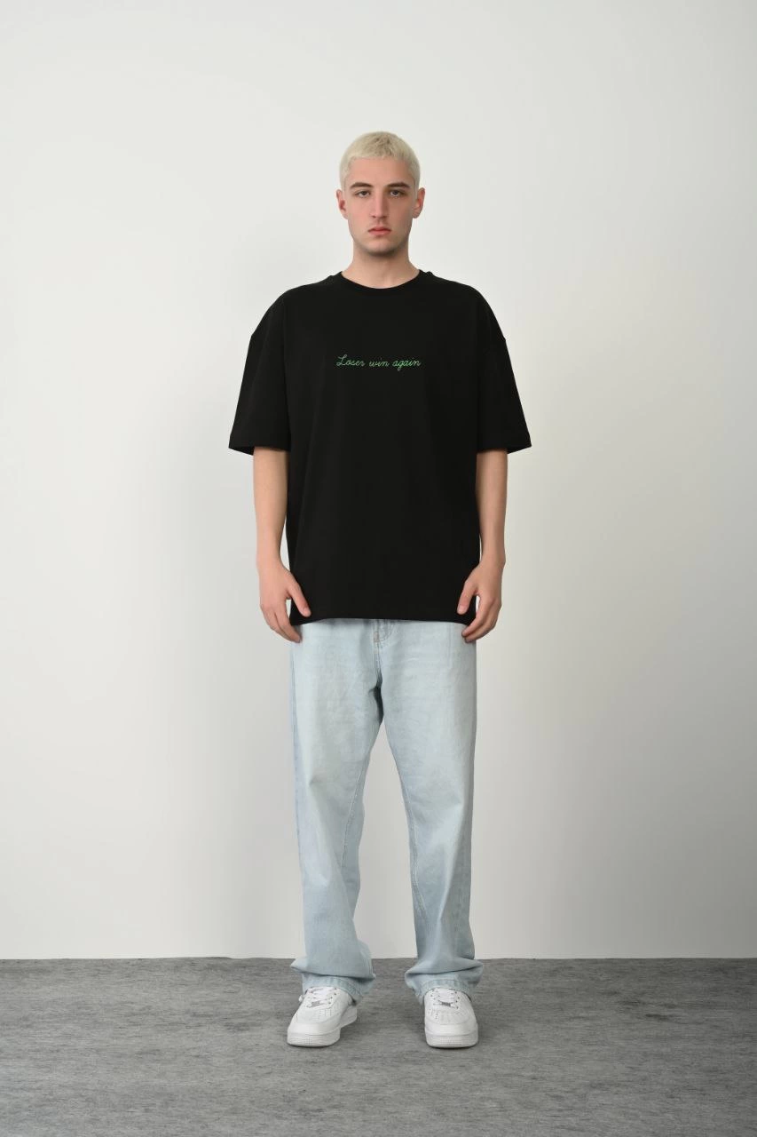 ASSEMA Erkek Baskılı T-Shirt Kısa Kol Bisiklet Yaka Rahat Kalıp Tişört  - Siyah