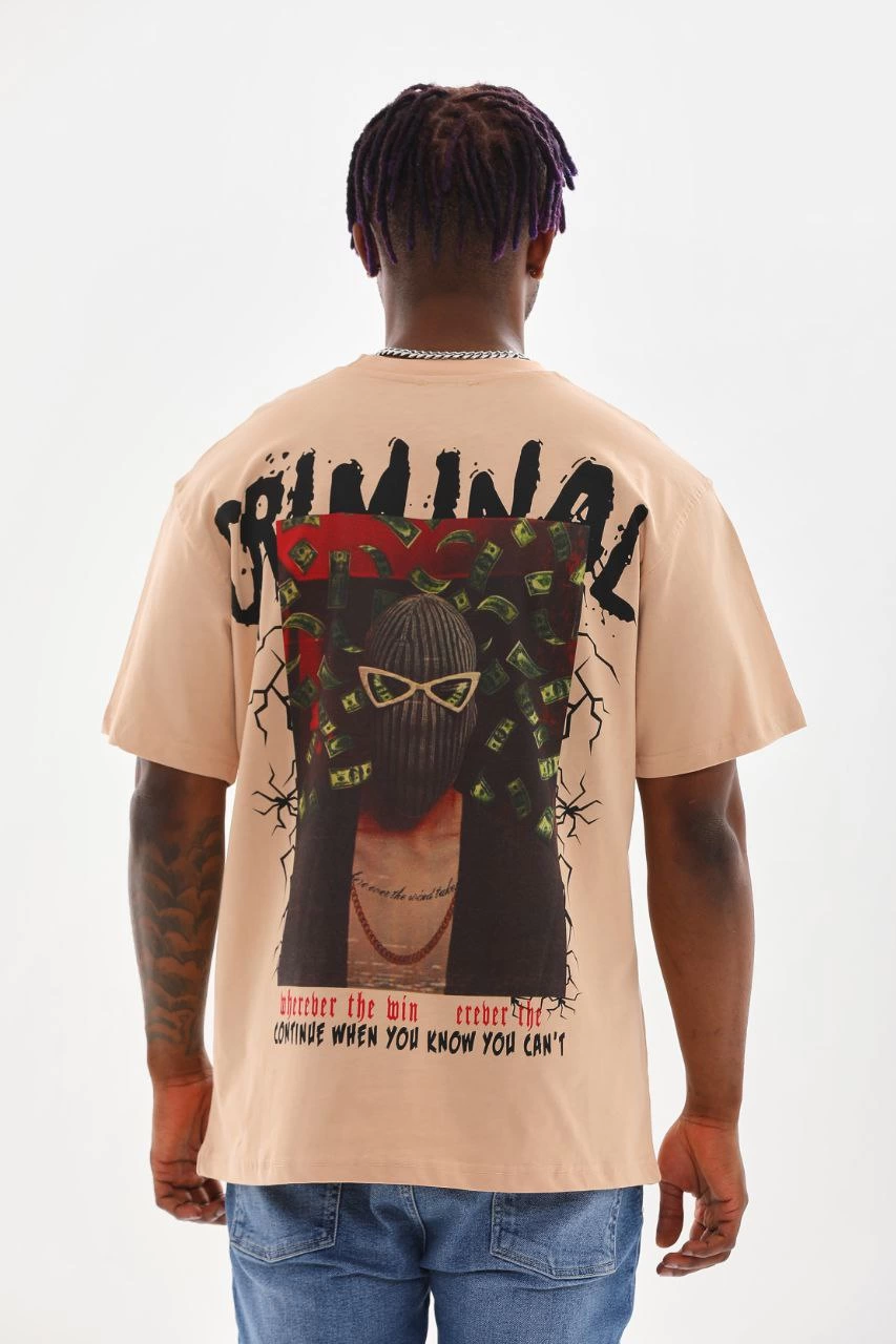 ASSEMA Erkek Baskılı T-Shirt Kısa Kol Bisiklet Yaka Rahat Kalıp Tişört  - Bej