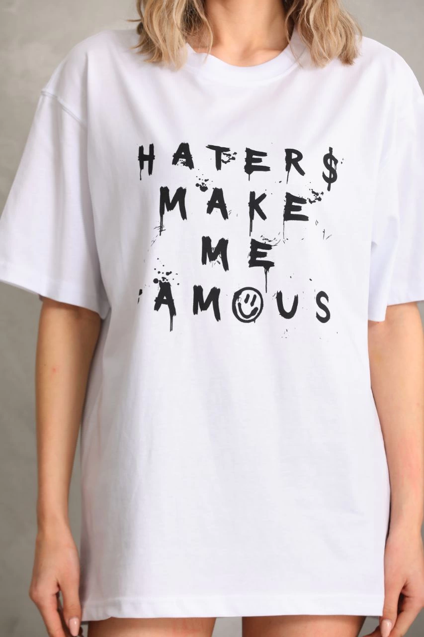 ASSEMA Kadın ön ve arka Baskılı Oversize Kısa kol  T-Shirt - Beyaz