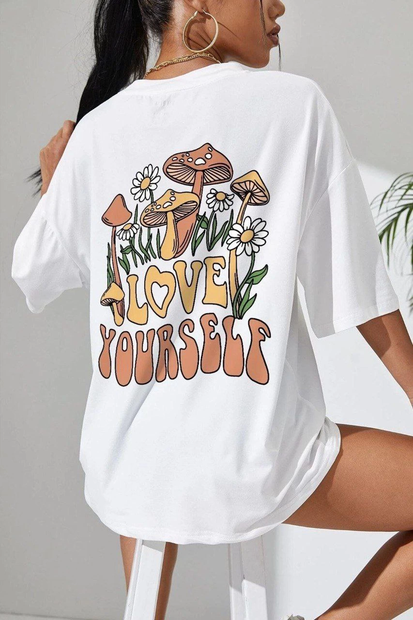 ASSEMA Kadın Baskılı Oversize kısa kol T-Shirt - Beyaz