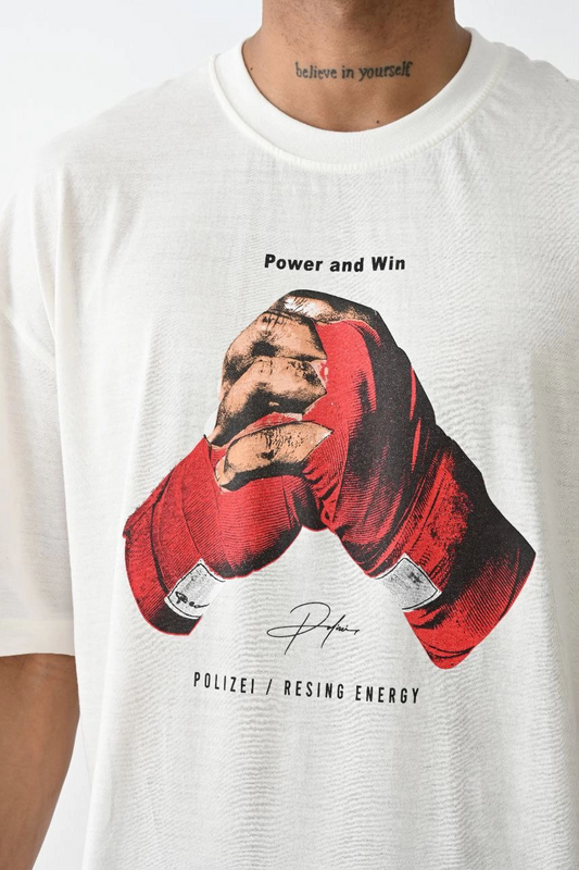ASSEMA Erkek Box Eldiven Baskılı T-Shirt Kısa Kol Bisiklet Yaka Tişört - Beyaz