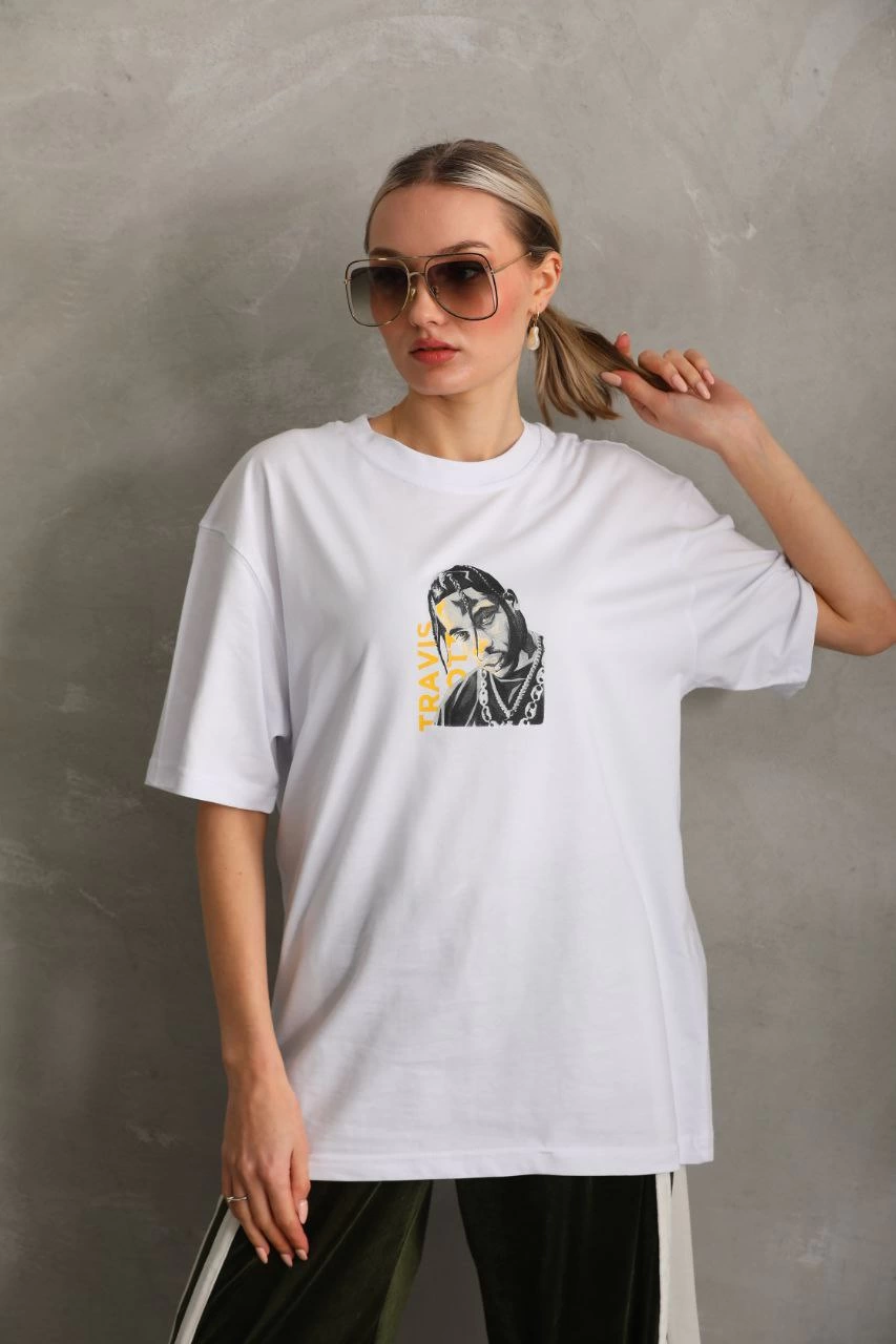 ASSEMA Kadın Baskılı T-Shirt Kısa Kol Bisiklet Yaka  Ovarsize Rahat Kalıp Günlük Tişört  - Beyaz