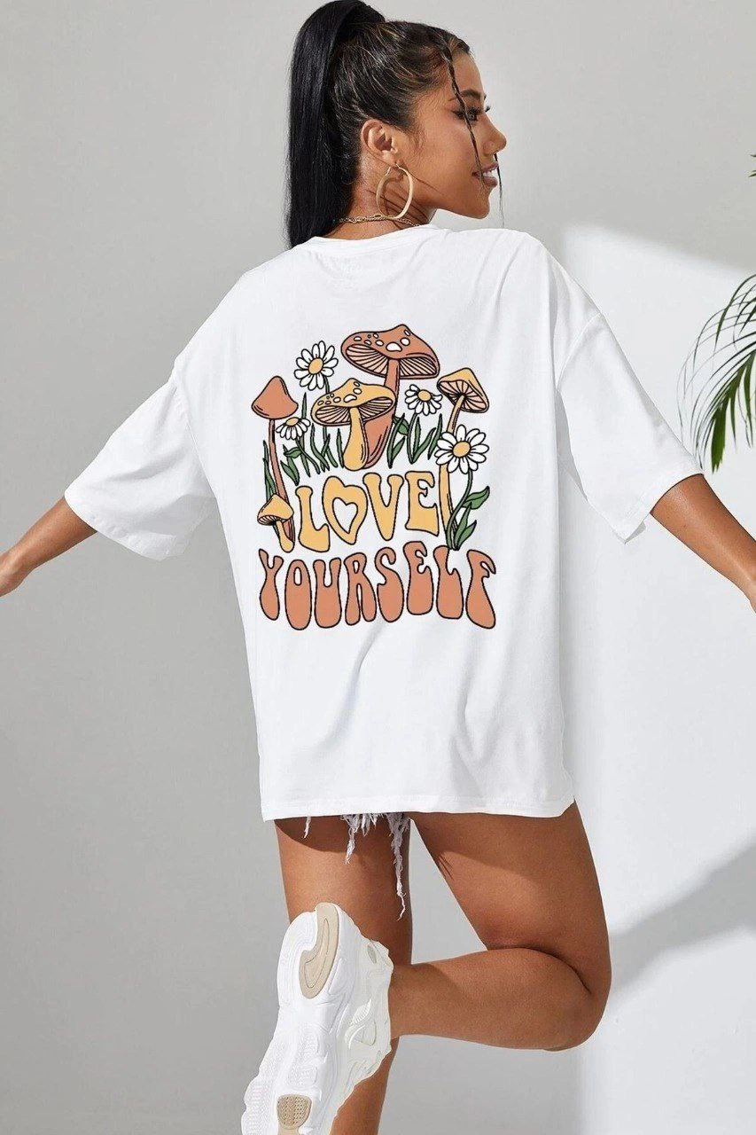 ASSEMA Kadın Baskılı Oversize kısa kol T-Shirt - Beyaz