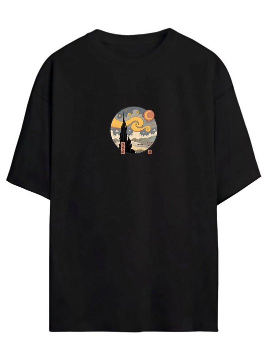 ASSEMA Kadın Baskılı T-Shirt Kısa Kol Bisiklet Yaka Ovarsize Rahat Kalıp Tişört -  Siyah