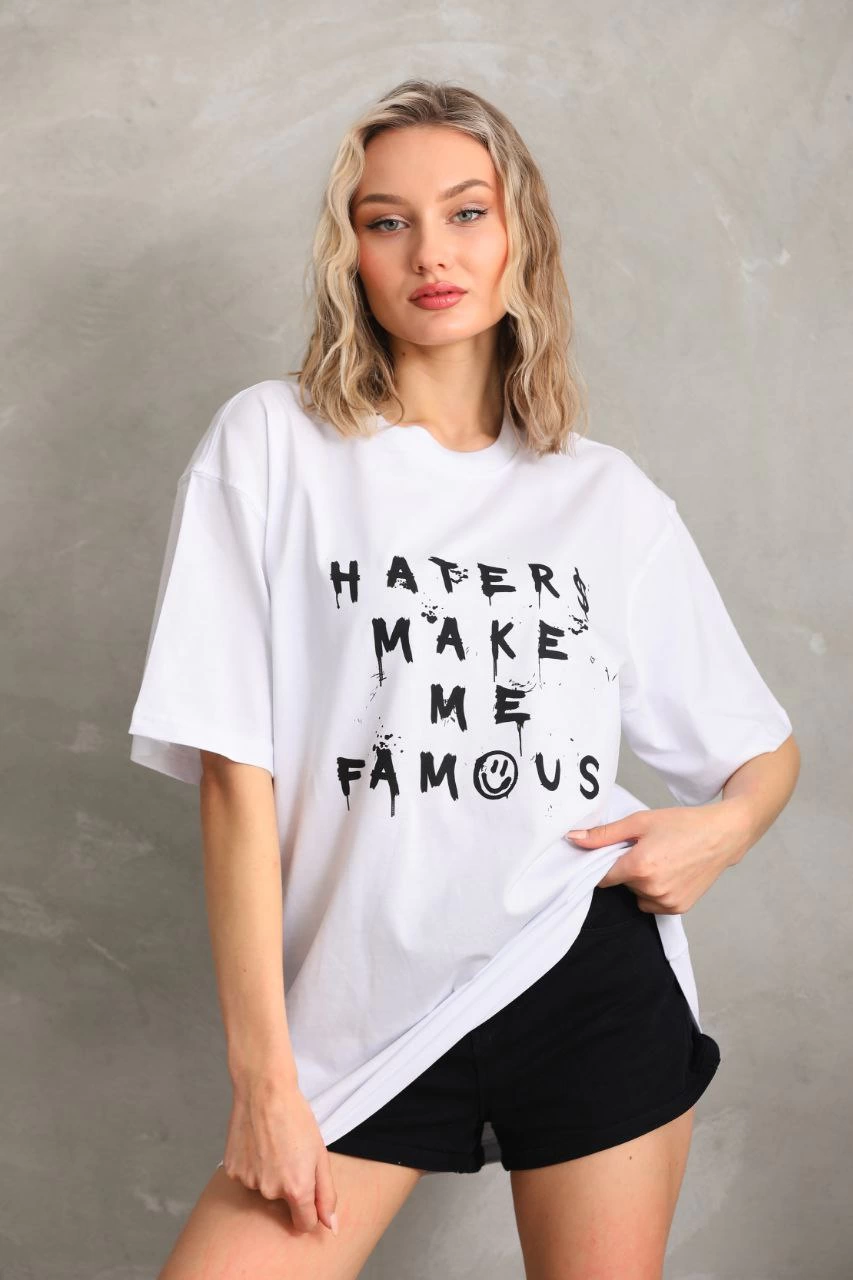 ASSEMA Kadın ön ve arka Baskılı Oversize Kısa kol  T-Shirt - Beyaz