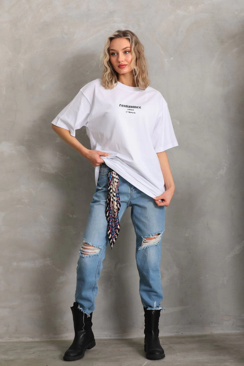 ASSEMA Kadın Baskılı Oversize  Kısa kol T-Shirt - Beyaz
