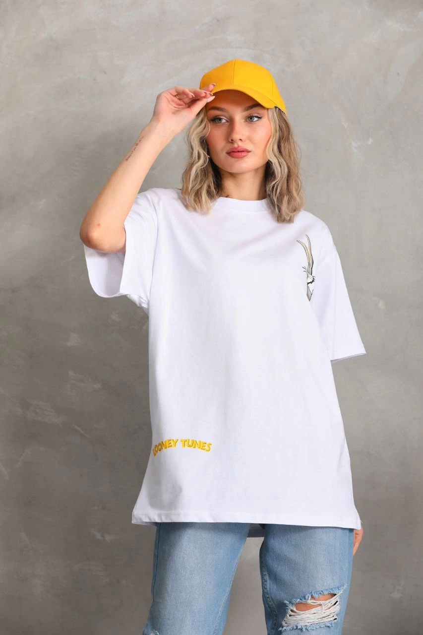 ASSEMA Kadın Baskılı Oversize Kısa kol  T-Shirt - Beyaz
