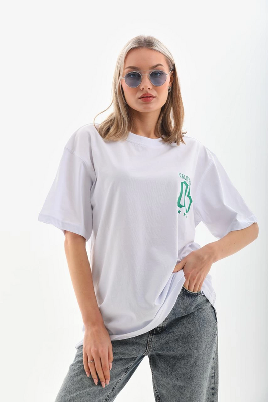 Kadın Kısa kol Oversize Baskılı T-Shirt - Beyaz