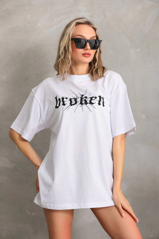 ASSEMA Kadın Baskılı Oversize Kısa kol  T-Shirt - Beyaz