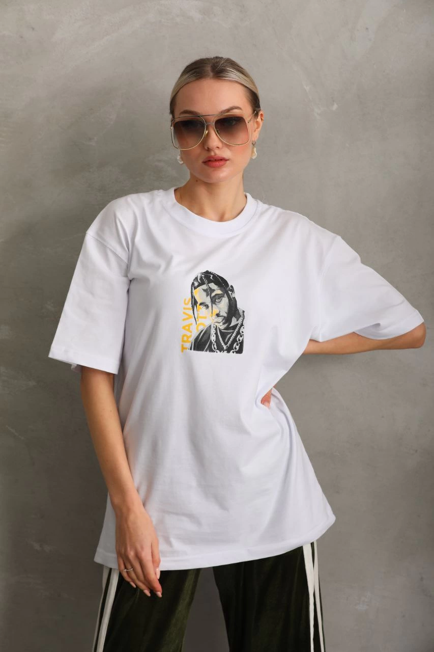 ASSEMA Kadın Baskılı T-Shirt Kısa Kol Bisiklet Yaka  Ovarsize Rahat Kalıp Günlük Tişört  - Beyaz