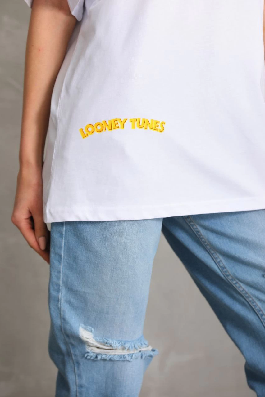 ASSEMA Kadın Baskılı Oversize Kısa kol  T-Shirt - Beyaz