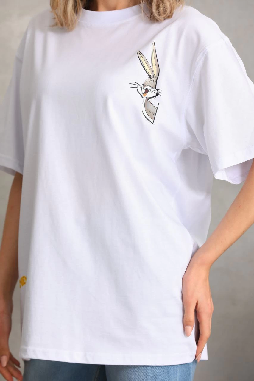 ASSEMA Kadın Baskılı Oversize Kısa kol  T-Shirt - Beyaz