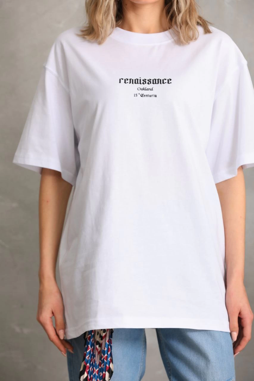 ASSEMA Kadın Baskılı Oversize  Kısa kol T-Shirt - Beyaz