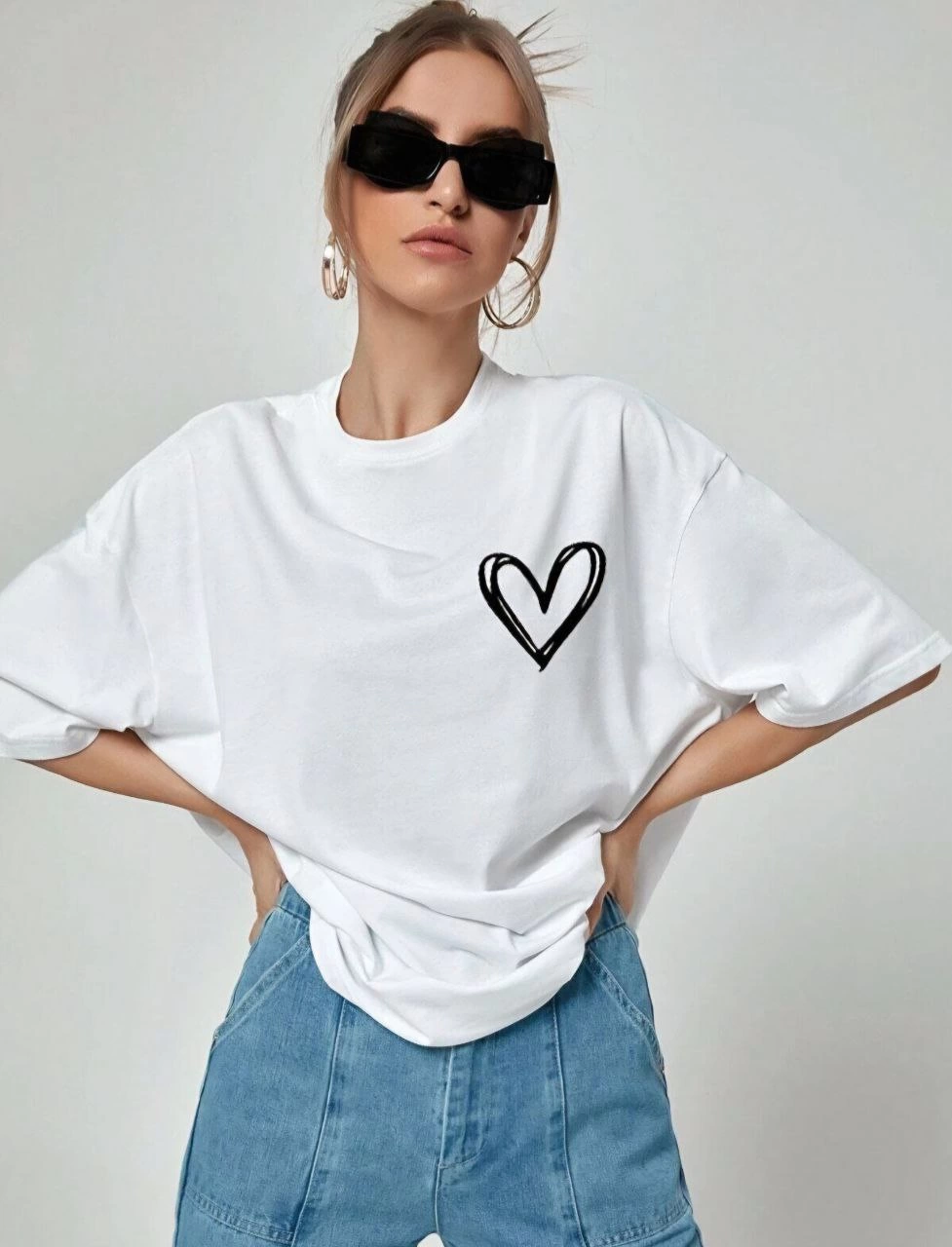 ASSEMA Kadın Kalp Baskılı Oversize Kısa kol T-Shirt - Beyaz
