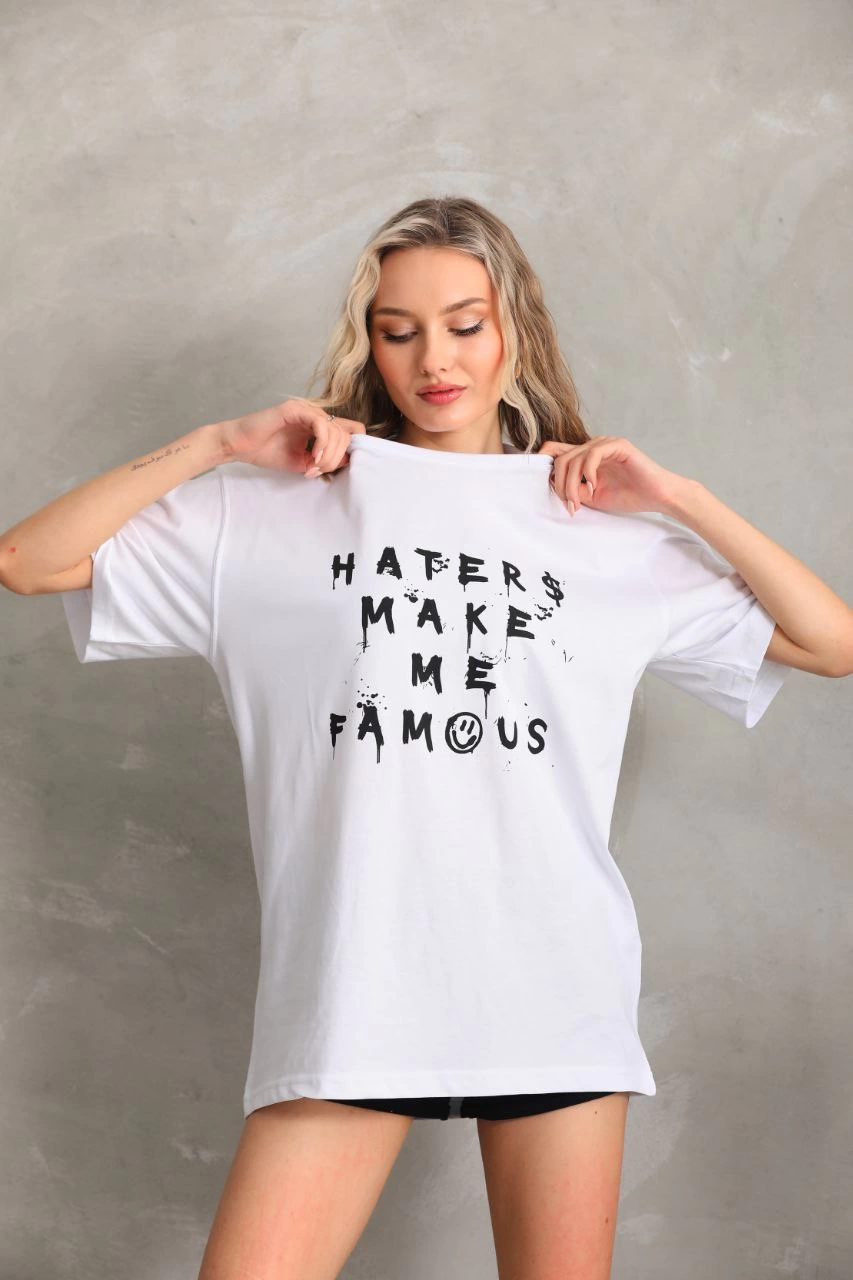 ASSEMA Kadın ön ve arka Baskılı Oversize Kısa kol  T-Shirt - Beyaz