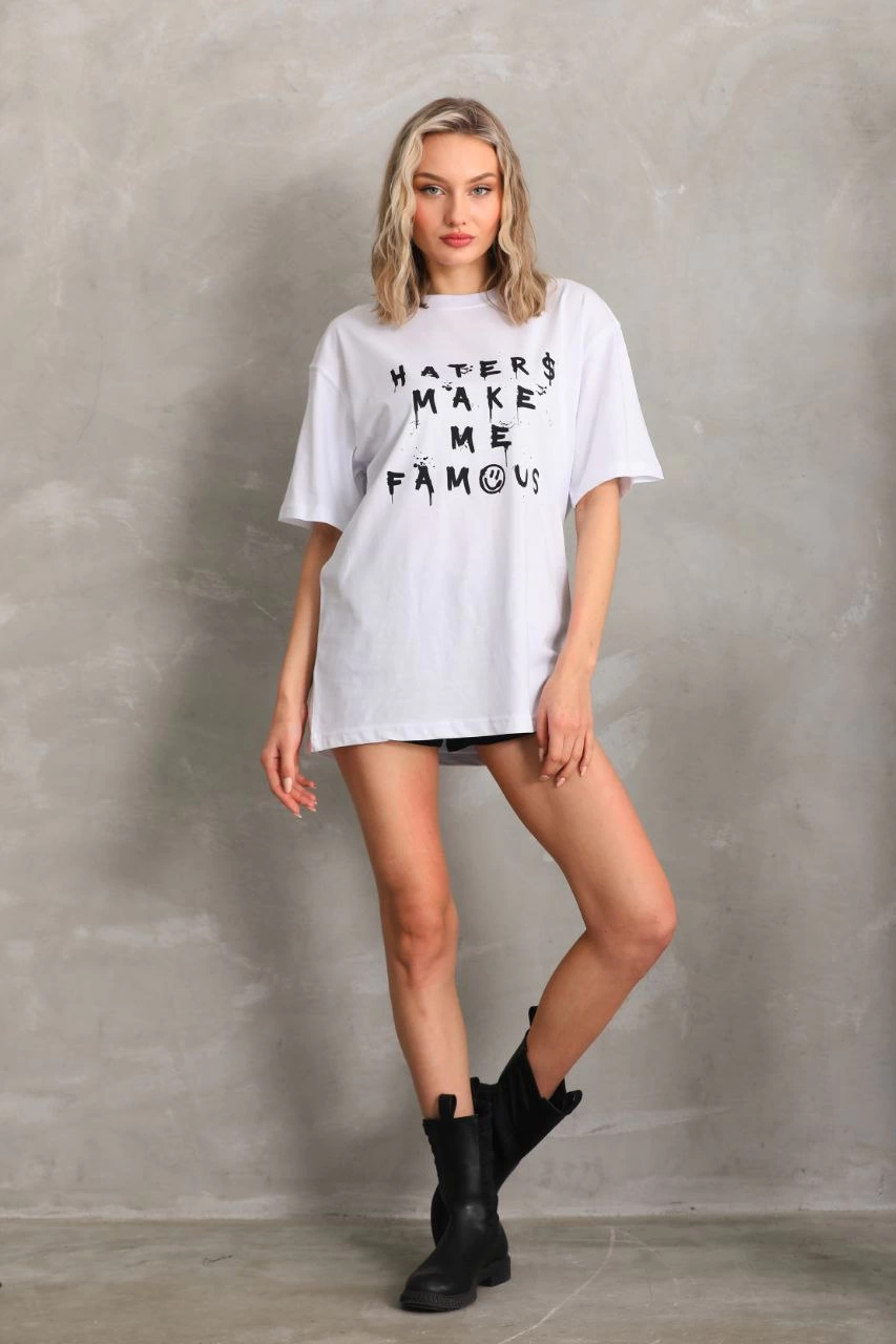 ASSEMA Kadın ön ve arka Baskılı Oversize Kısa kol  T-Shirt - Beyaz