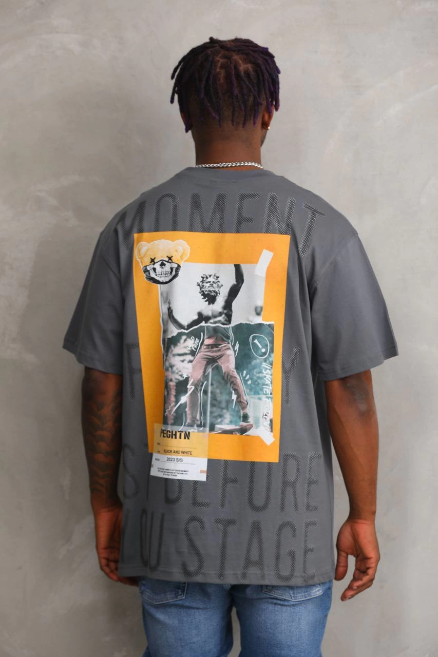 ASSEMA Erkek Baskılı T-Shirt Kısa Kol Bisiklet Yaka Rahat Kalıp Tişört - Füme