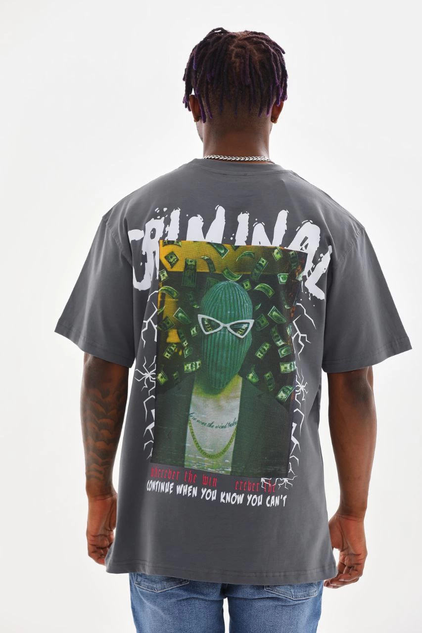 ASSEMA Erkek Baskılı T-Shirt Kısa Kol Bisiklet Yaka Rahat Kalıp Tişört - Füme