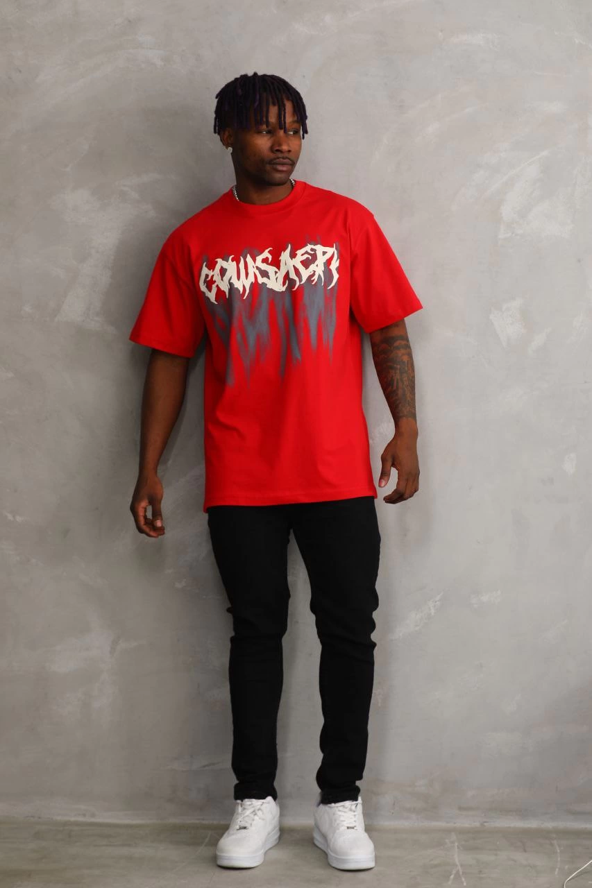 ASSEMA Erkek Baskılı T-Shirt Kısa Kol Bisiklet Yaka Rahat Kalıp Tişört - Kırmızı