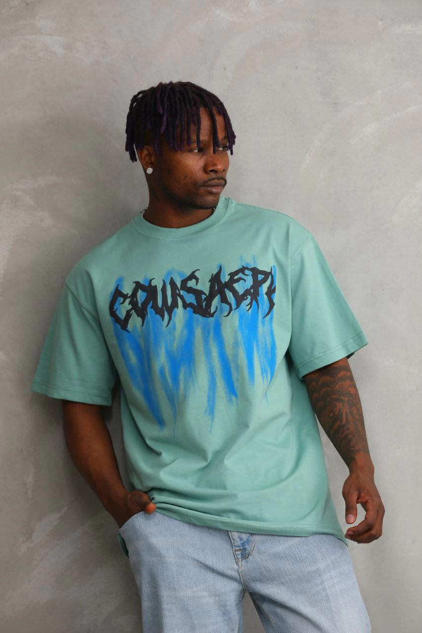 ASSEMA Erkek Baskılı T-Shirt Kısa Kol Bisiklet Yaka Rahat Kalıp Tişört - Mint Yeşili