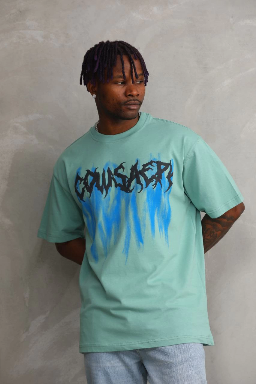 ASSEMA Erkek Baskılı T-Shirt Kısa Kol Bisiklet Yaka Rahat Kalıp Tişört - Mint Yeşili