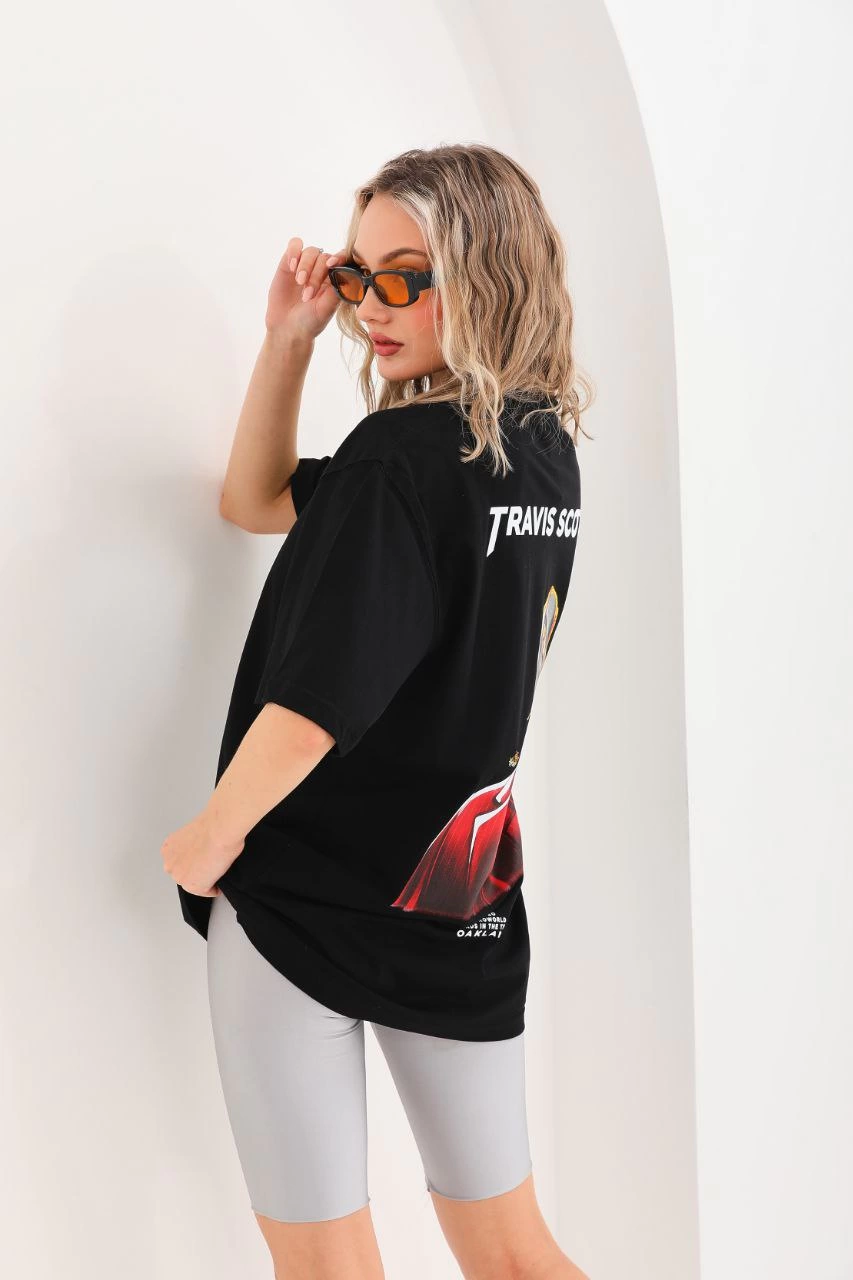 ASSEMA Kadın Baskılı T-Shirt Kısa Kol Bisiklet Yaka  Ovarsize Rahat Kalıp Günlük Tişört  - Siyah