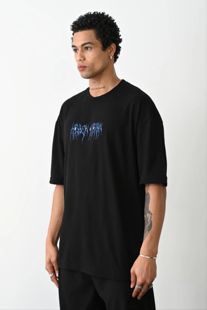 ASSEMA Erkek Baskılı Oversize  Kısa kol T-Shirt - Siyah