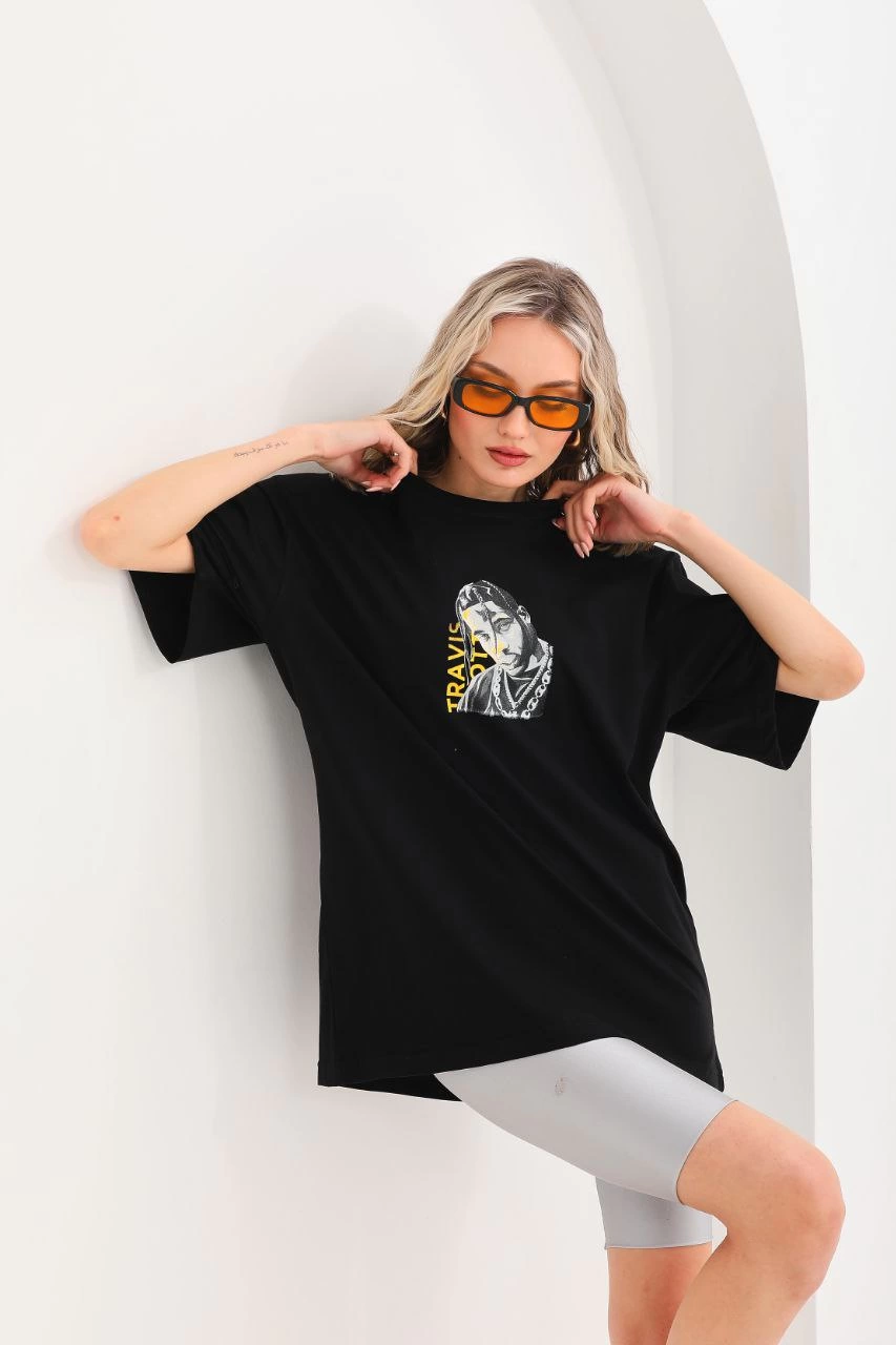 ASSEMA Kadın Baskılı T-Shirt Kısa Kol Bisiklet Yaka  Ovarsize Rahat Kalıp Günlük Tişört  - Siyah