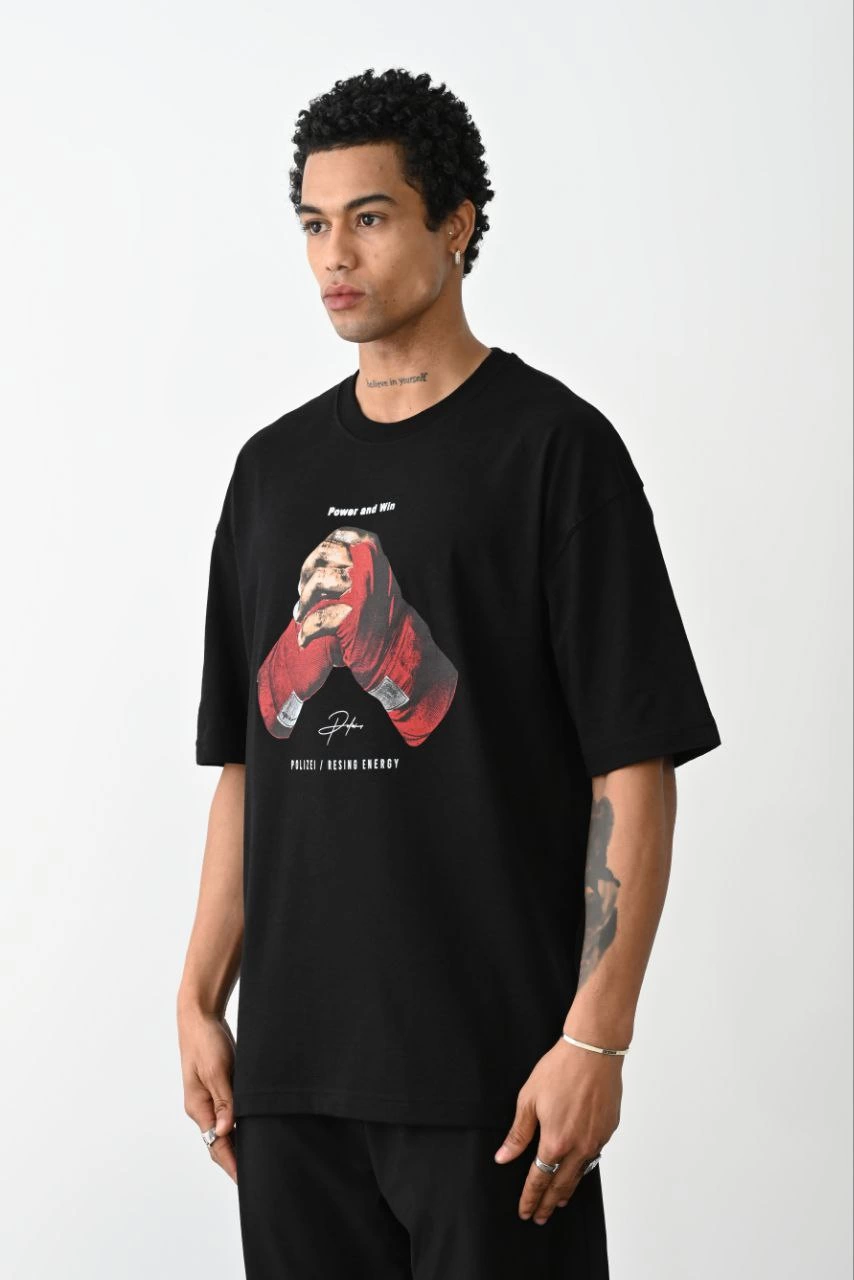 ASSEMA Erkek Box Eldiven Baskılı T-Shirt Kısa Kol Bisiklet Yaka  Tişört - Siyah
