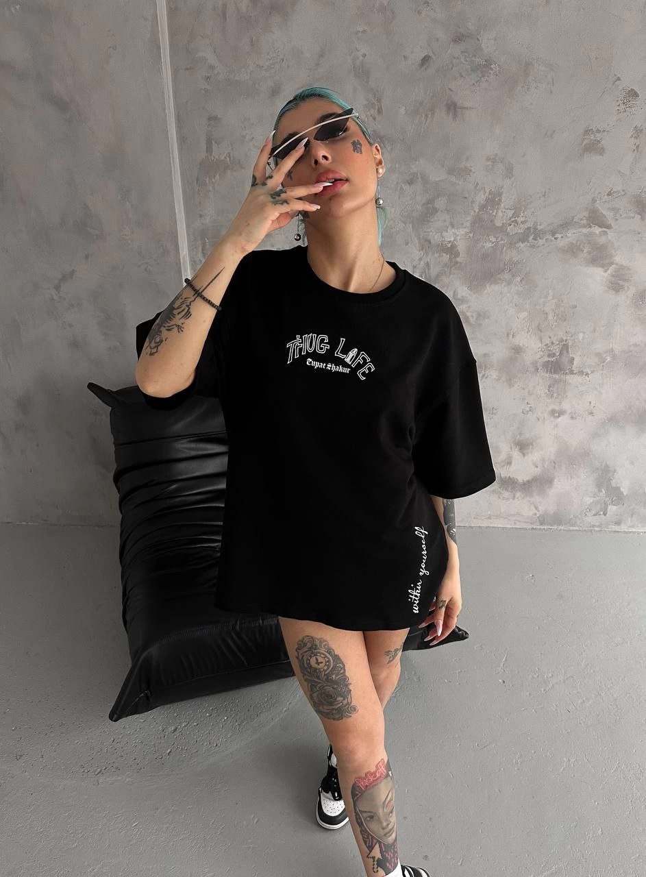 ASSEMA Kadın Baskılı Oversize  Kısa kol T-Shirt - Siyah