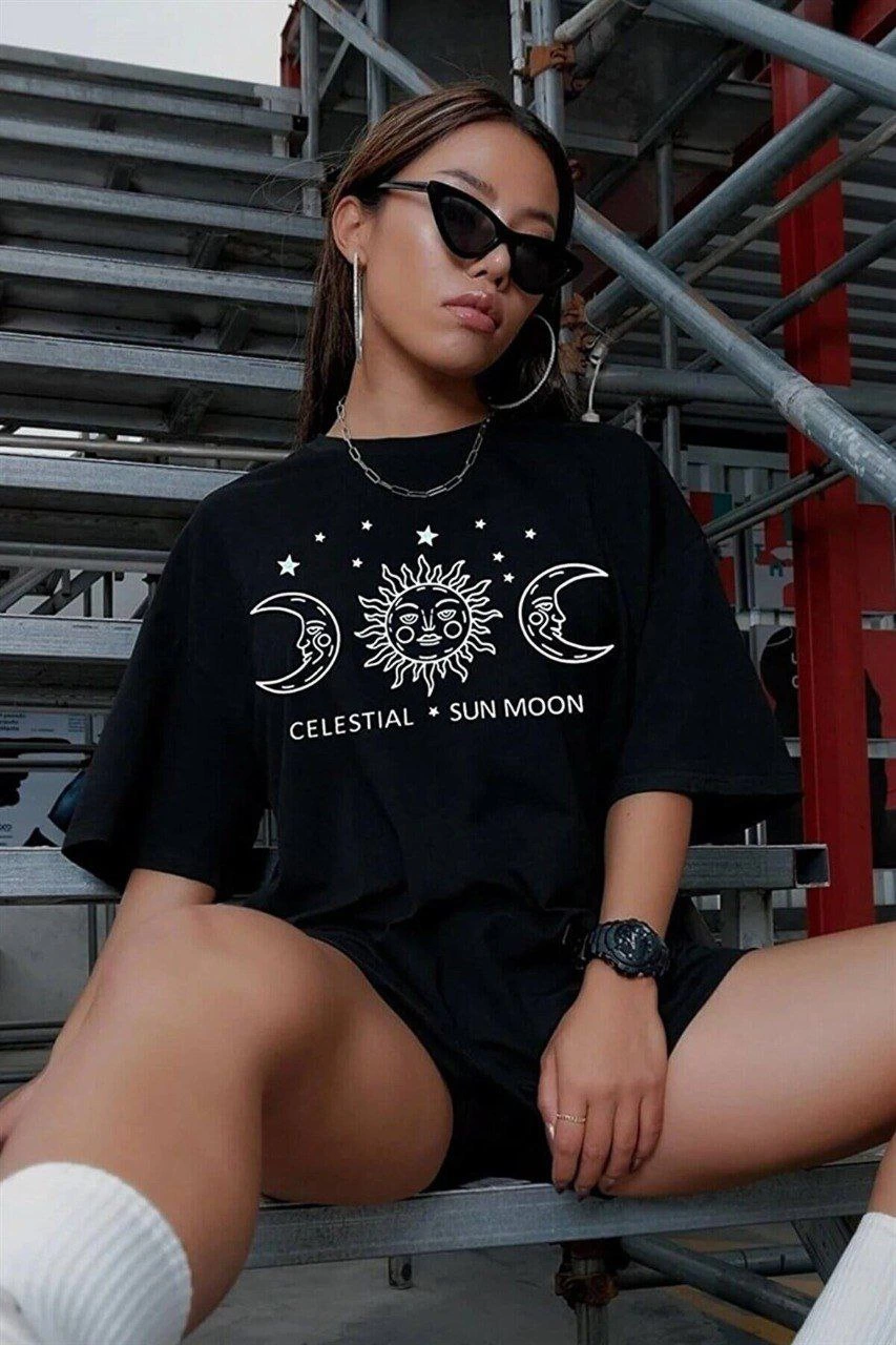 ASSEMA Kadın Baskılı T-Shirt Kısa Kol Bisiklet Yaka Ovarsize Rahat Kalıp Tişört - Siyah