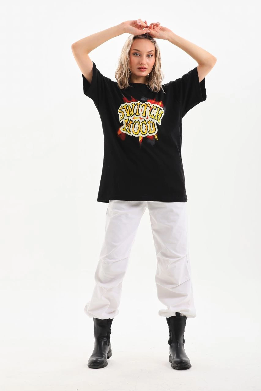 ASSEMA Kadın Baskılı Oversize  Kısa kol T-Shirt - Siyah
