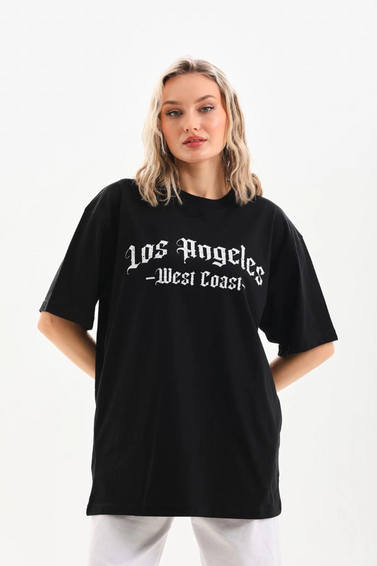 ASSEMA Kadın Baskılı Tişort Kısa Kol Bisiklet Yaka Ovarsize T-Shirt -  Siyah