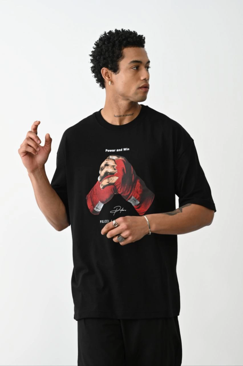 ASSEMA Erkek Box Eldiven Baskılı T-Shirt Kısa Kol Bisiklet Yaka  Tişört - Siyah