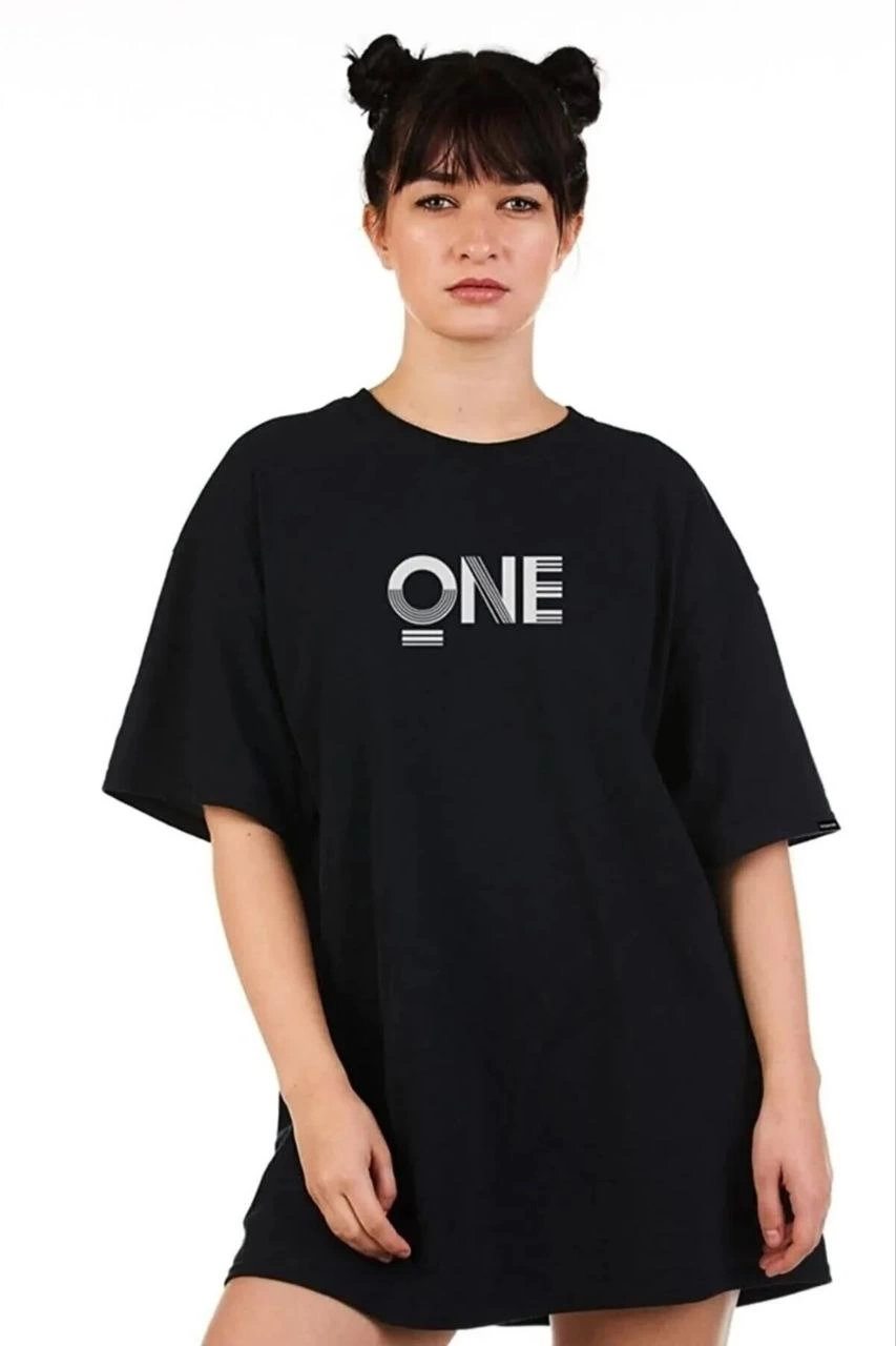 ASSEMA Kadın Baskılı T-Shirt Kısa Kol Bisiklet Yaka Ovarsize Rahat Kalıp Tişört -  Siyah