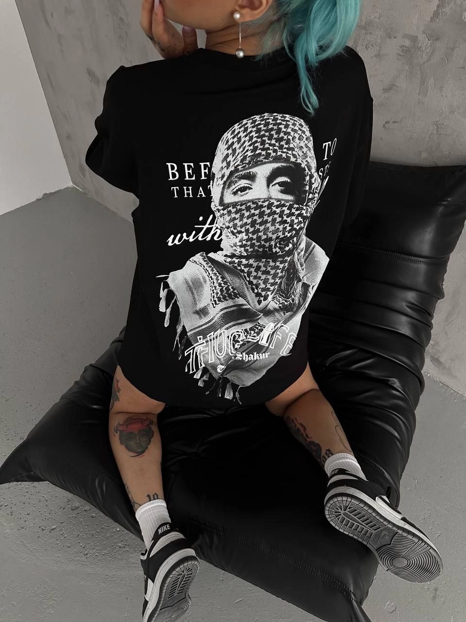 ASSEMA Kadın Baskılı Oversize  Kısa kol T-Shirt - Siyah