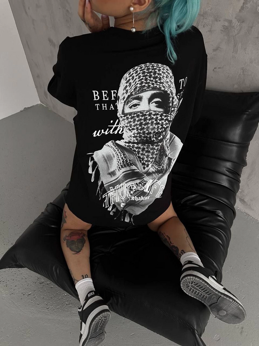 ASSEMA Kadın Baskılı Oversize  Kısa kol T-Shirt - Siyah