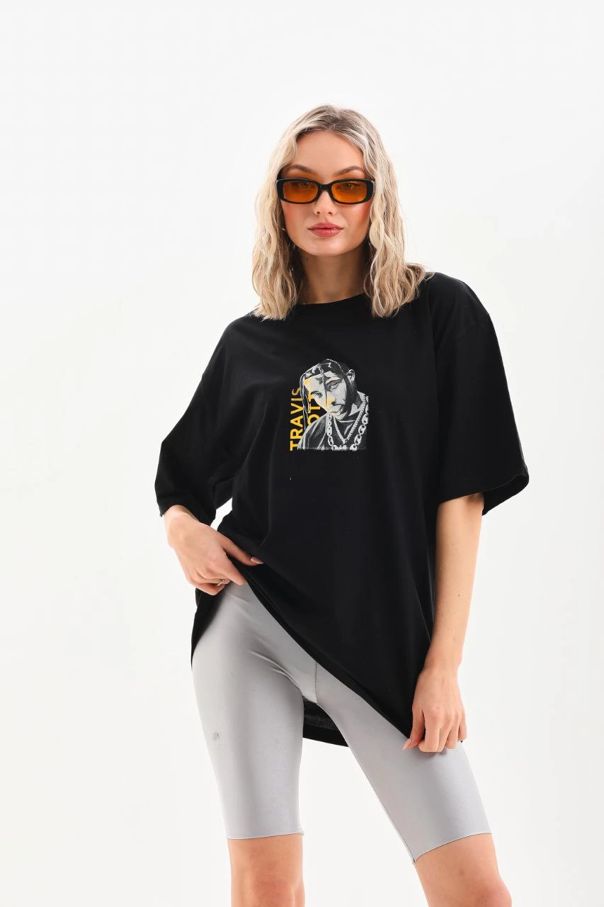 ASSEMA Kadın Baskılı T-Shirt Kısa Kol Bisiklet Yaka  Ovarsize Rahat Kalıp Günlük Tişört  - Siyah
