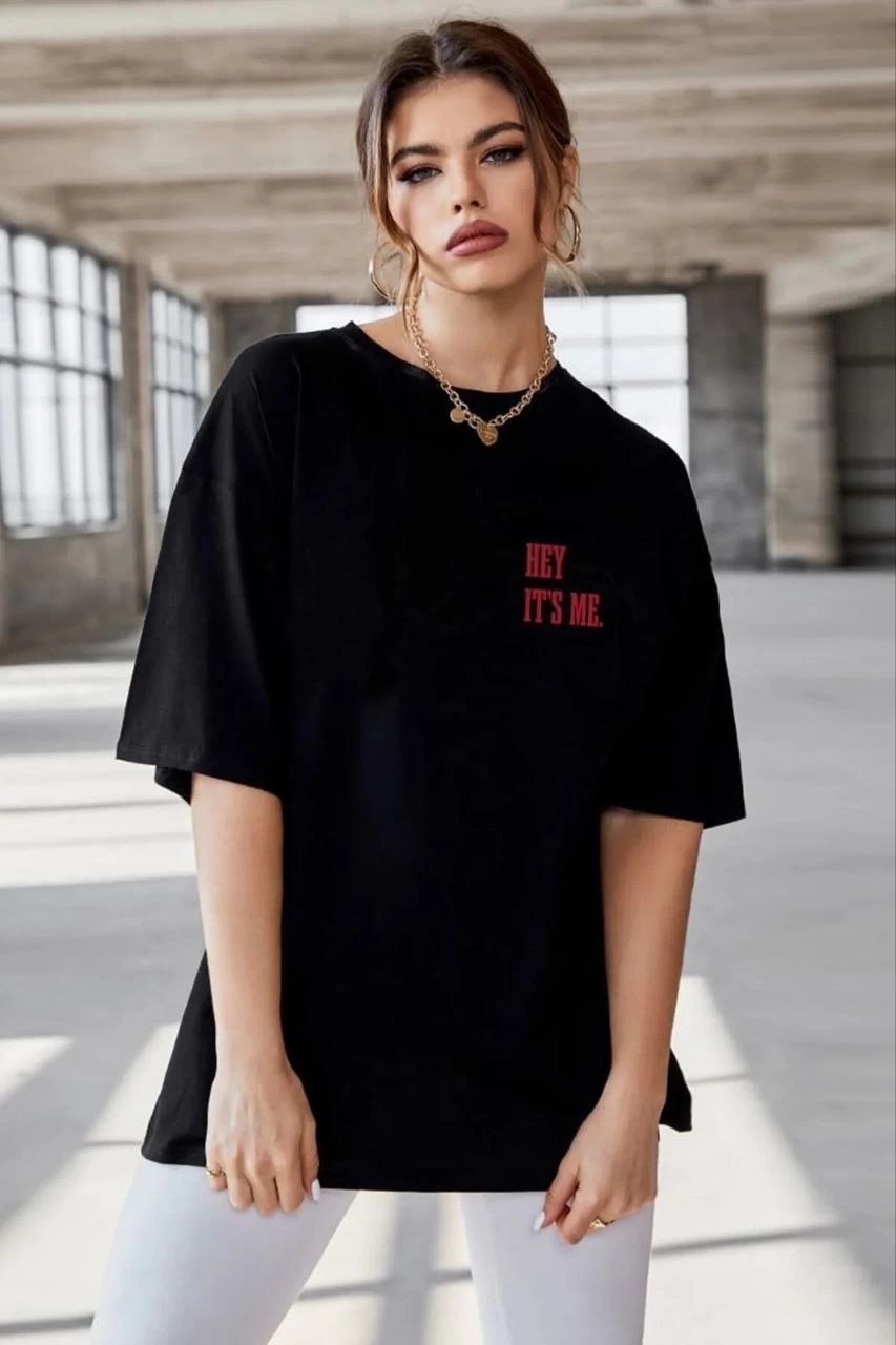 ASSEMA Kadın Baskılı T-Shirt Kısa Kol Bisiklet Yaka Ovarsize Rahat Kalıp Tişört -  Siyah