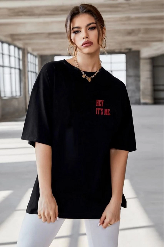ASSEMA Kadın Baskılı T-Shirt Kısa Kol Bisiklet Yaka Ovarsize Rahat Kalıp Tişört -  Siyah