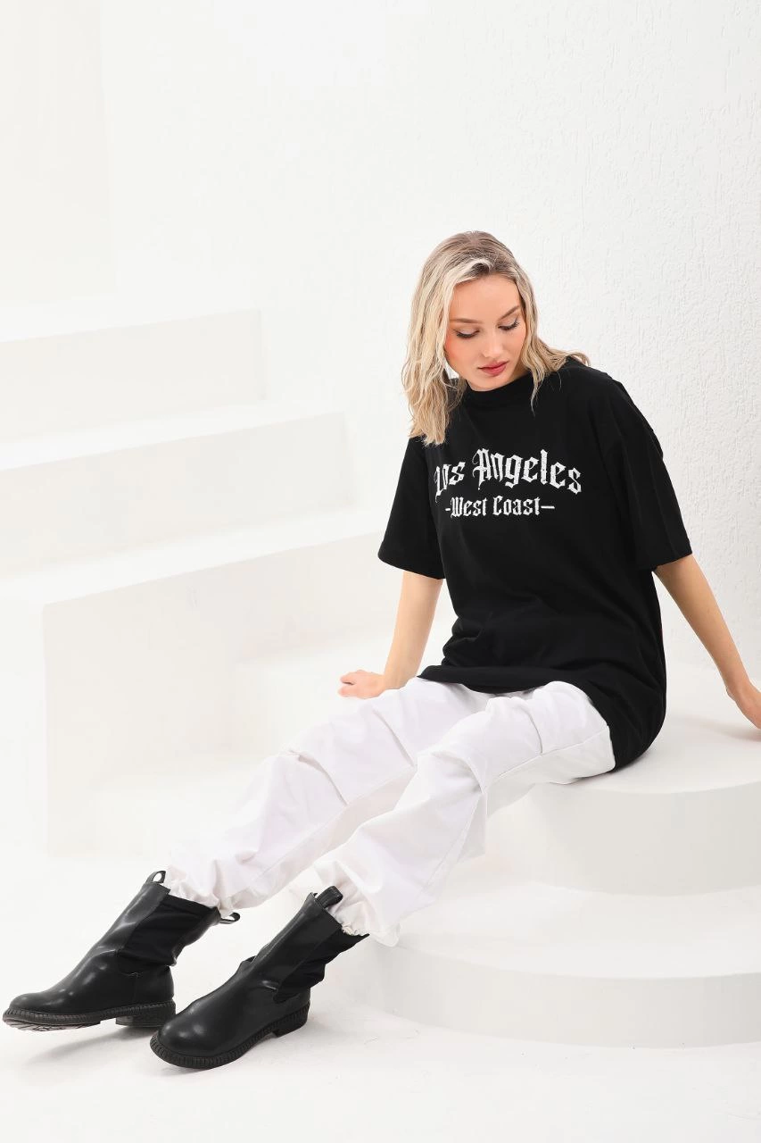ASSEMA Kadın Baskılı Tişort Kısa Kol Bisiklet Yaka Ovarsize T-Shirt -  Siyah