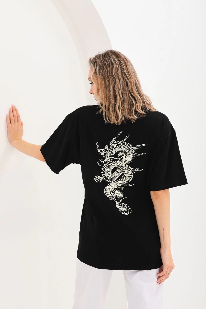 ASSEMA Kadın Baskılı Oversize  Kısa kol T-Shirt - Siyah