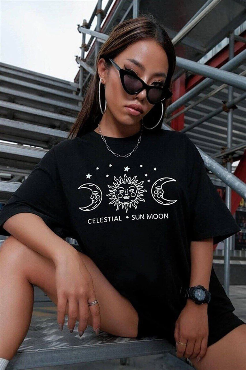 ASSEMA Kadın Baskılı T-Shirt Kısa Kol Bisiklet Yaka Ovarsize Rahat Kalıp Tişört - Siyah