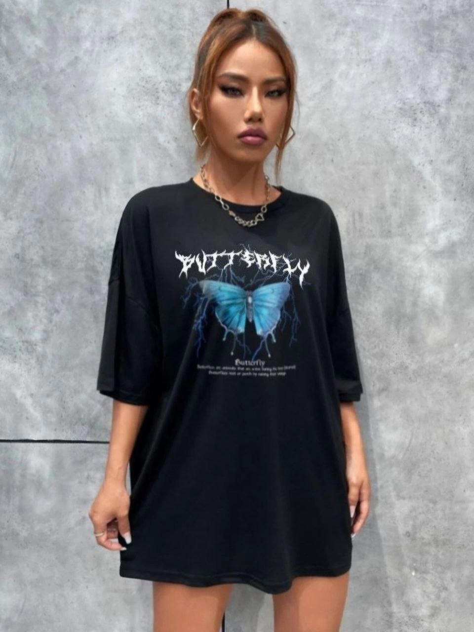 ASSEMA Kadın kelebek Baskılı Oversize kısa kol T-Shirt - Siyah