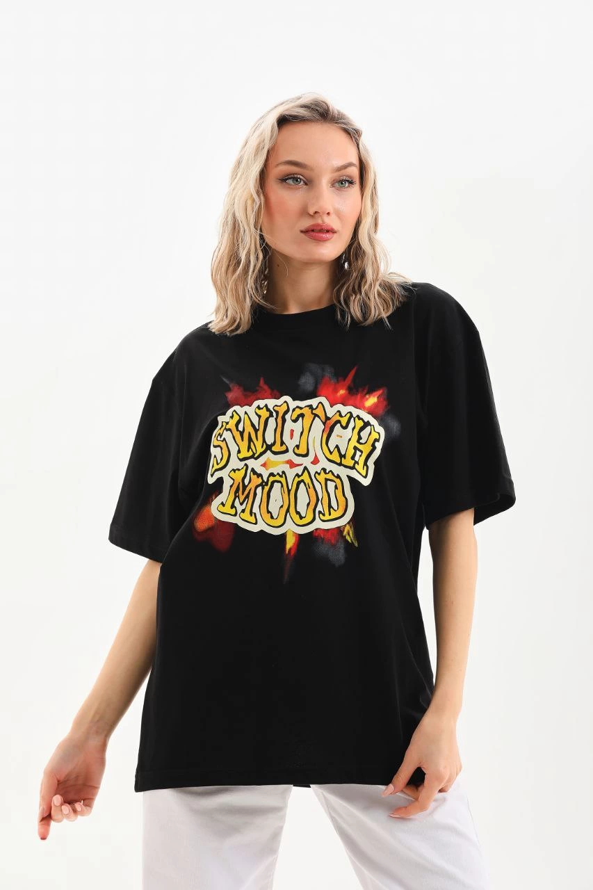 ASSEMA Kadın Baskılı Oversize  Kısa kol T-Shirt - Siyah
