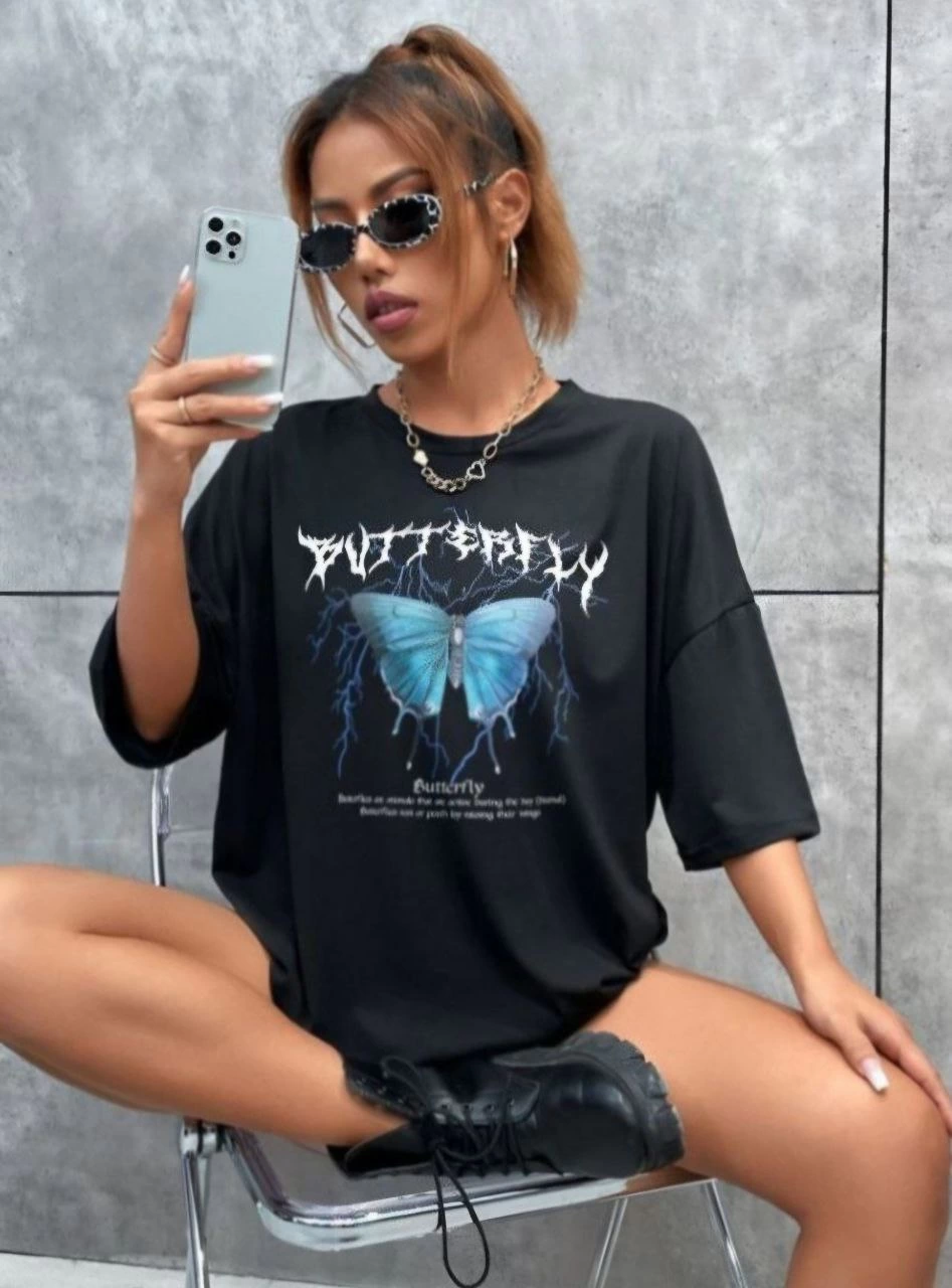 ASSEMA Kadın kelebek Baskılı Oversize kısa kol T-Shirt - Siyah