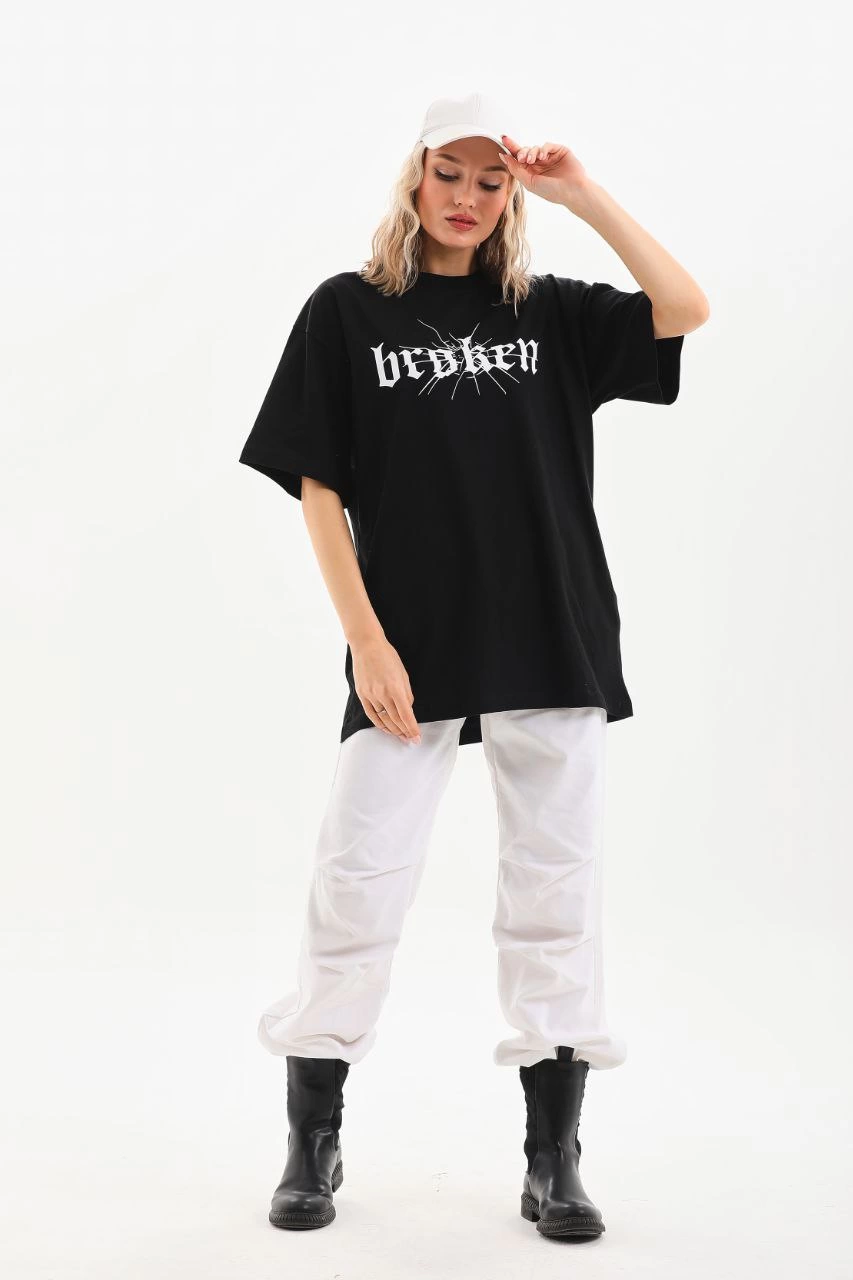 ASSEMA Kadın Baskılı Oversize T-Shirt - Siyah